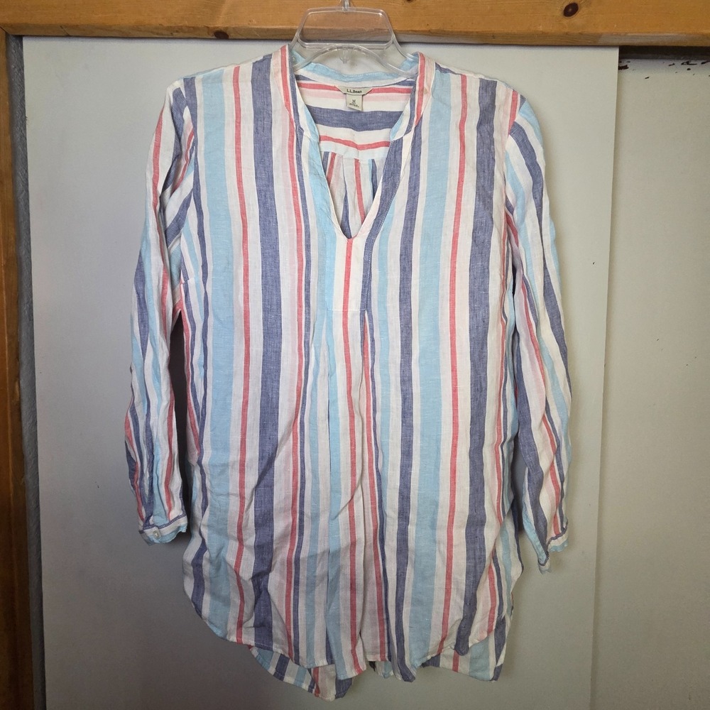 LL Bean Women's 100% Linen Striped Top Size M Coastal Lagenlook Beach Nautical